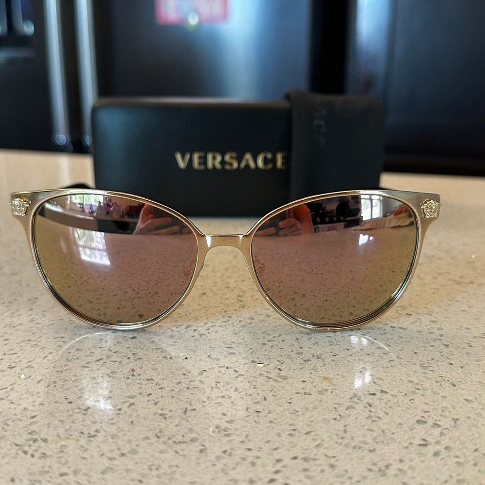 Versace Gold Sunglasses with Cat-Eye Design and Mirrored Lenses